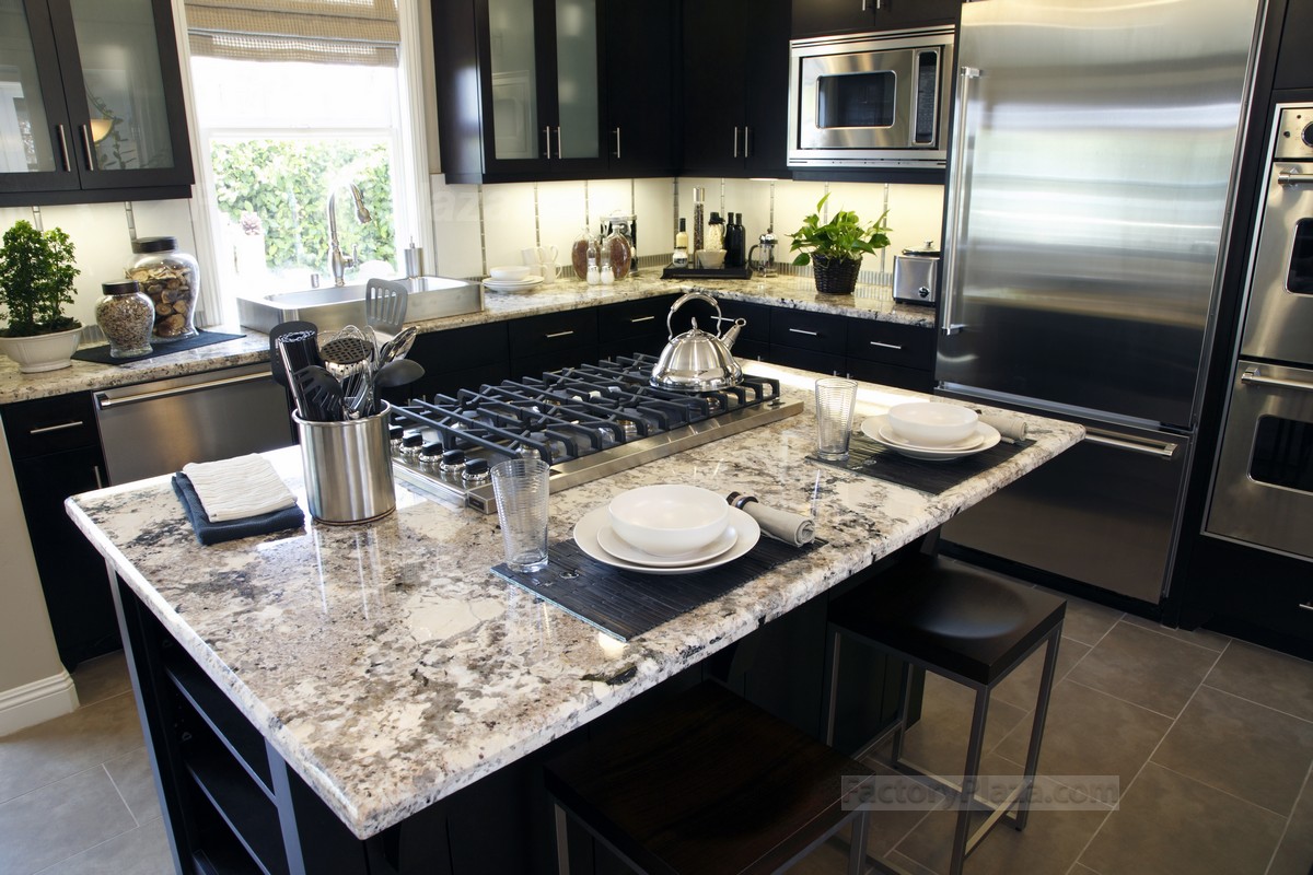 Black kitchen cabinets with Delicatus granite